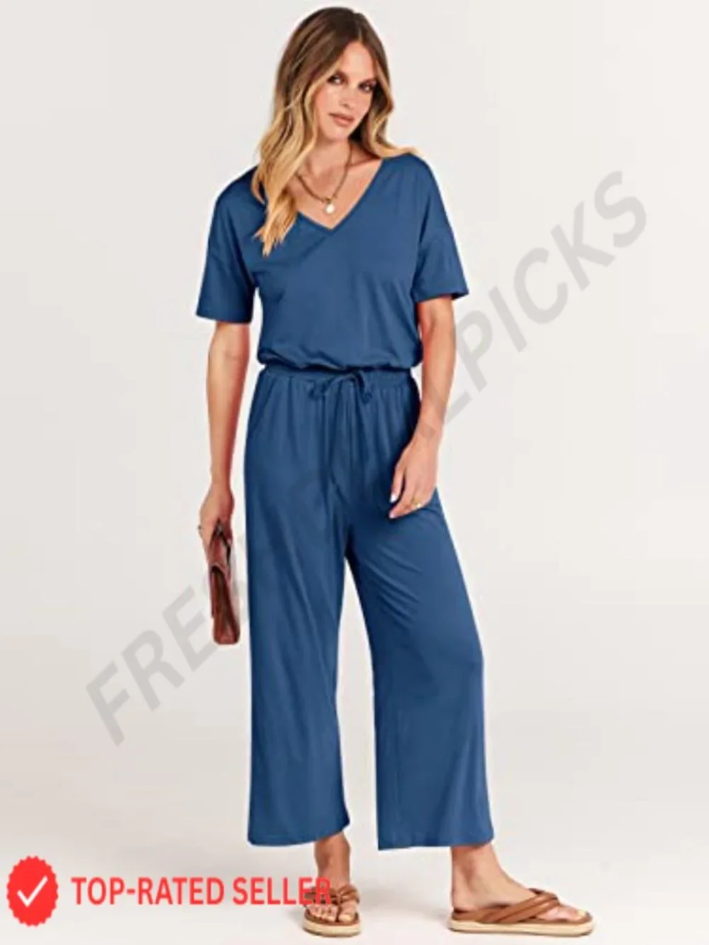 Wide Leg Cropped Jumpsuit V Neck Short Sleeve Romper with Pockets